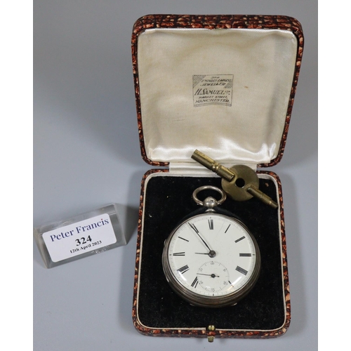 324 - Large silver key wind lever pocket watch with Roman face having seconds dial.  Associated case.  (B.... 