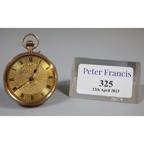 325 - 19th century 9ct gold outer cased fancy keyless fob watch with engine turned Roman face and foliate ... 