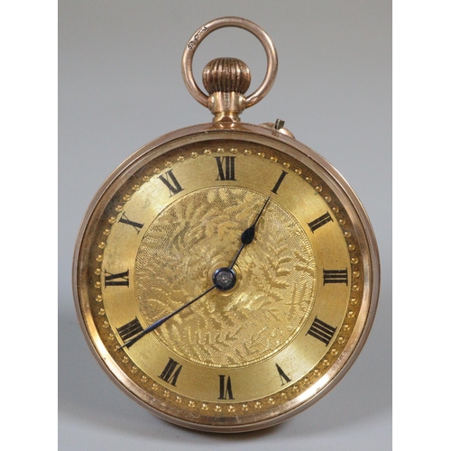 325 - 19th century 9ct gold outer cased fancy keyless fob watch with engine turned Roman face and foliate ... 