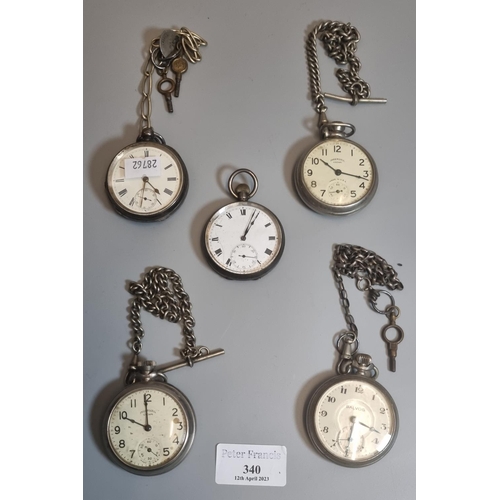 340 - Two silver open faced pocket watches, one keyless, together with three plated more modern keyless po... 