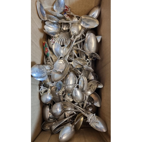 347 - Box containing large collection of armorial and other spoons, mostly appearing to be silver.   (B.P.... 