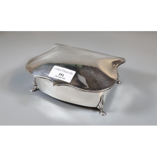 351 - Art Nouveau design silver serpentine jewellery  casket with silk interior standing on four paw feet,... 