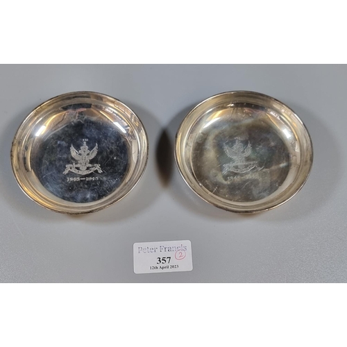 357 - Pair of silver centenary circular pin dishes dated 1845-1949 with crest for Deus Meumque Jus, made f... 