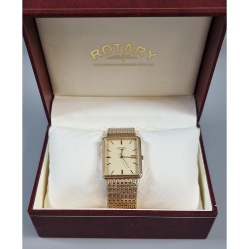 359 - Rotary 9ct gold gentleman's bracelet dress  wristwatch with square dial. 40g approx.  In original bo...