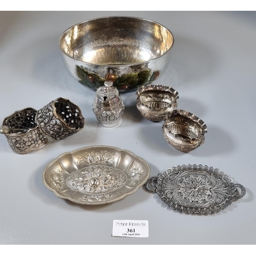 361 - Collection of mainly Indian white metal items, to include: mustard pot and spoon, napkin rings, salt... 