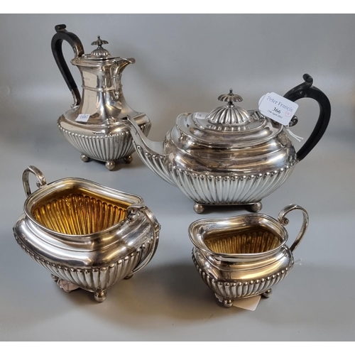 366 - Silver four piece tea service, in Georgian style, of fluted form by James Dixon & Sons Sheffield.  3...