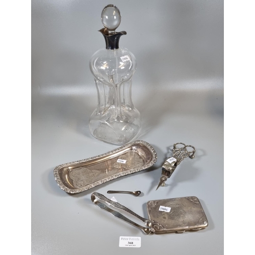 368 - Glass dimple decanter and stopper with silver collar together with an Art Nouveau silver calling car... 