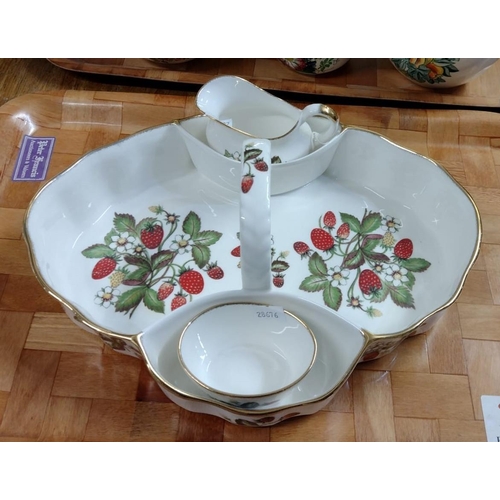 372 - Tray containing a St George English fine bone china strawberry design serving basket with milk jug a... 