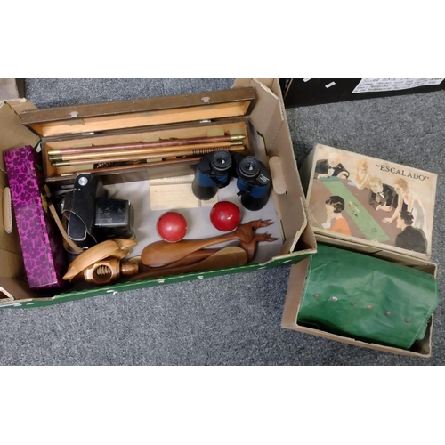 376 - Box of assorted items, to include: vintage Escalado horse racing game in original box, gun cleaning ... 