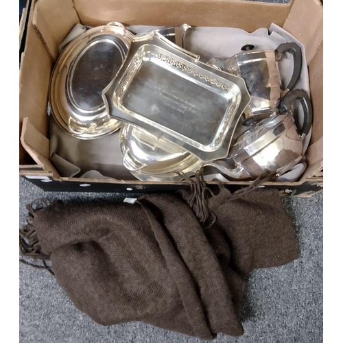 377 - Box of mostly silver plate to include: teapot, coffee pot, lidded tureens, milk jug, presentation ba... 