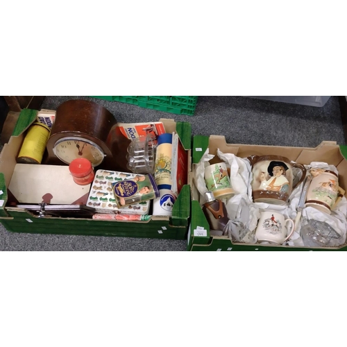 379 - Two boxes of assorted items, to include: hunting jugs, Carlton Ware cavalier jug, hip flask, various... 