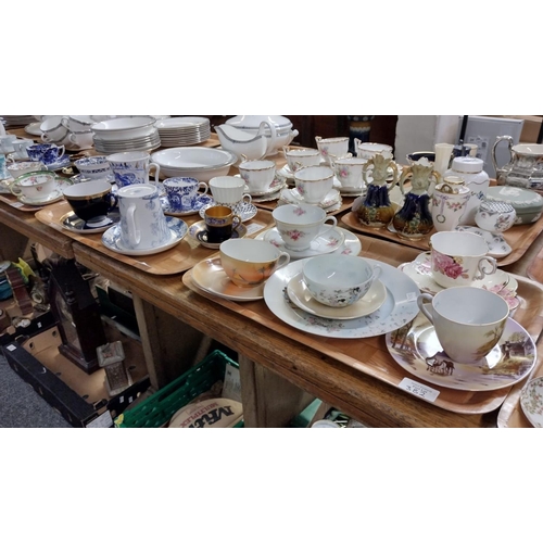 382 - Three trays of coffee and teaware; trios to include: Noritake, Wilton Lily, Aynsley, Japanese porcel... 