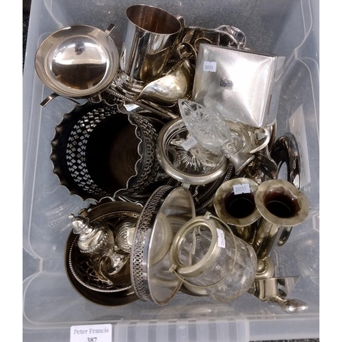 387 - Box of metalware, mostly silver plate, to include: wine coaster, cigarette box, various vases, tanka... 