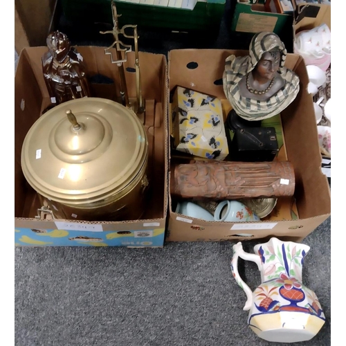 395 - Two boxes of assorted items to include: various fireside items; one set in a lustre knight stand, a ... 