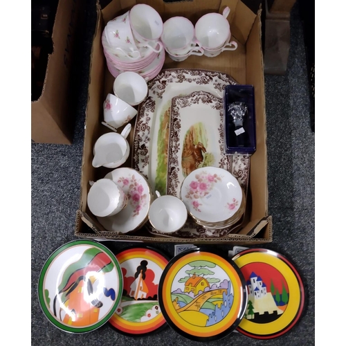 396 - Box of assorted mostly china to include: Royal Sutherland and other floral teaware, set of four Wedg... 