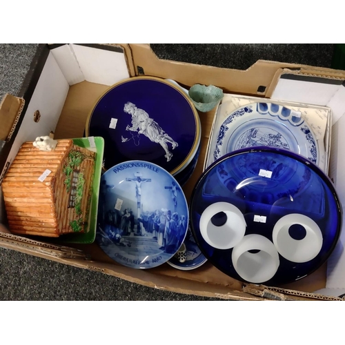 398 - Box of assorted mostly china to include: Beswick ware cottage design cheese dish, various collectors... 