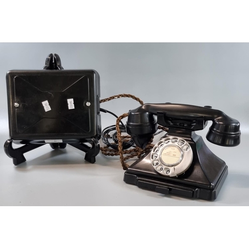 40 - Vintage black GPO telephone on stand with braided cord, appearing to have been converted for modern ... 