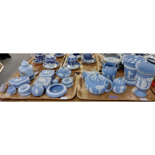 402 - Two trays of mostly Wedgwood Jasperware items to include: trinket boxes, perfume bottle, pill box, l... 