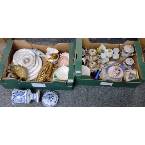 412 - Two boxes of assorted china to include: floral and gilt three part teaset, lustre part coffee set, p... 