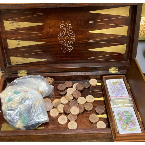 413 - Modern brass inlaid and hardwood chessboard together with chess pieces, counters and playing cards. ... 