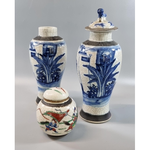 53 - Pair of late Qing To 20th century etched brown banded blue and white on crackle glaze baluster vases... 