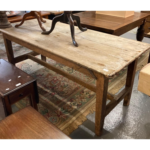 570 - 19th century rustic cleated three plank top pine refectory type table in distressed condition.   181... 