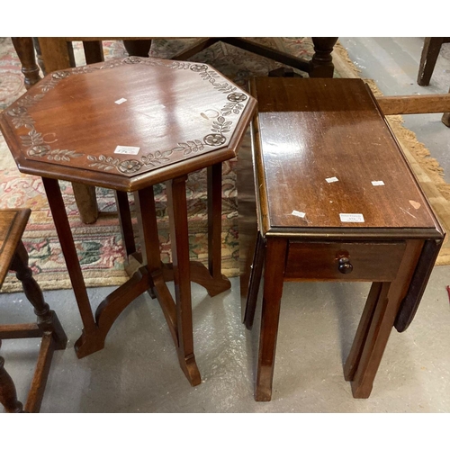 572 - Small mahogany drop leaf table with pullout drawer together with a modern hardwood octagonal table w... 