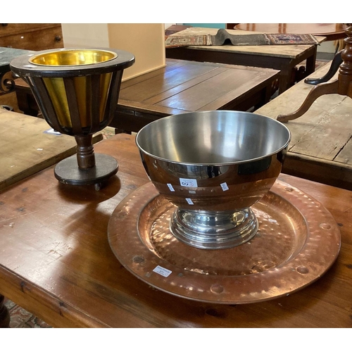 577 - Modern oak and brass finish planter together with a plated punch bowl and a copper charger.  (3)  (B... 