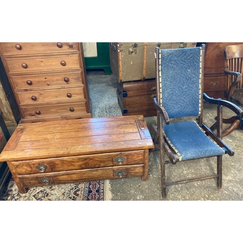 586 - Modern hardwood two drawer low side table with panelled top.  Together with a folding garden chair. ... 