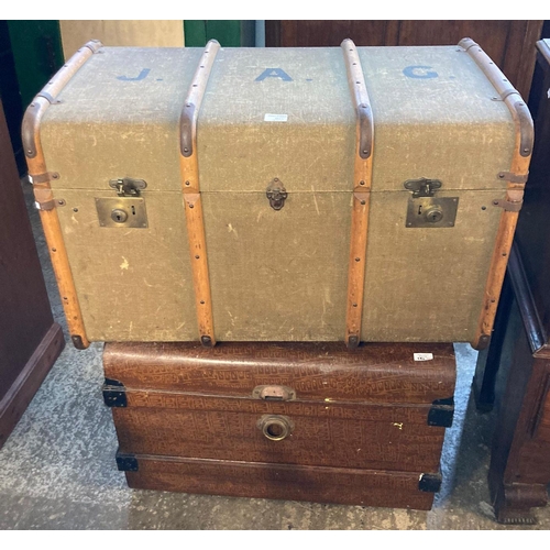 592 - Cane bound canvas covered steamer trunk together with a tin trunk.  (2)   (B.P. 21% + VAT)