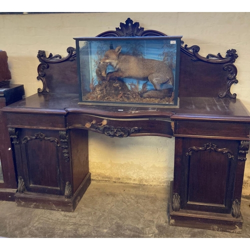 606 - Victorian mahogany twin pedestal sideboard with foliate arched moulded raised back and serpentine ce... 