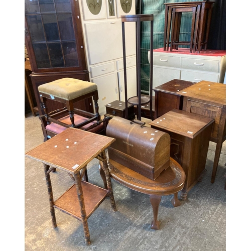 620 - Group items of occasional furniture, to include: piano stool, foot stool jardinière stand, small dro... 