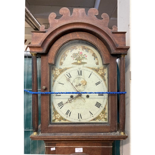 622 - 19th century oak two train long case clock with painted face, the case in distressed condition, poss... 