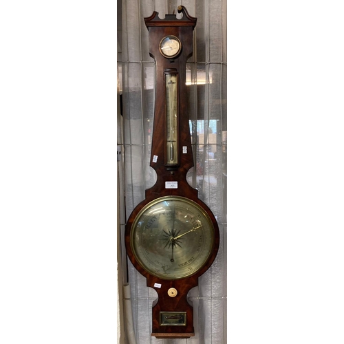 623 - 19th century mahogany wheel barometer with thermometer and silvered dial.   (B.P. 21% + VAT)