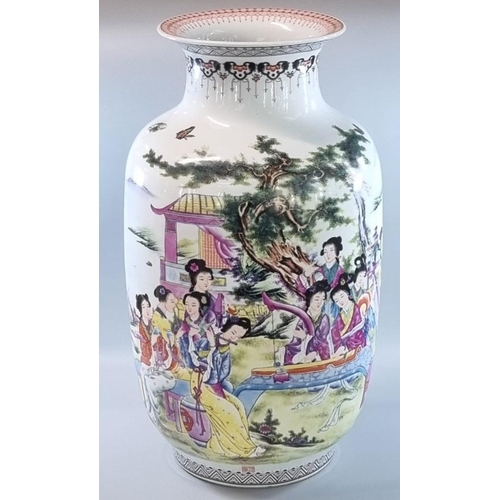 65 - Modern large Chinese stoneware polychrome decorated baluster vase with polychrome decoration of ladi... 