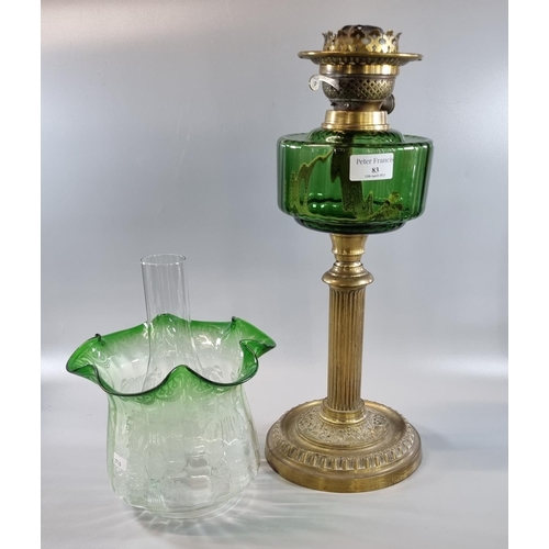 83 - Early 20th century double oil burner lamp having green clear and frosted etched foliate shade above ... 