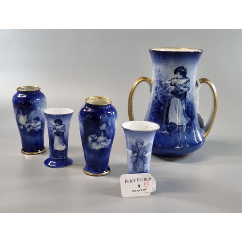 9 - Collection of Royal Doulton blue and white printed vases of varying forms, some in pairs, one with t... 