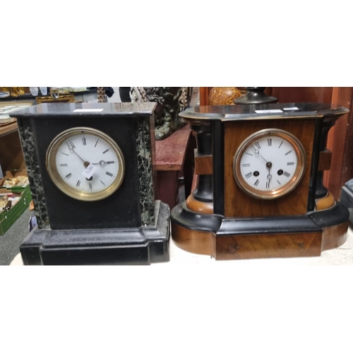 98 - Late Victorian single train black slate and marble mantle clock with white enamel Roman face togethe... 