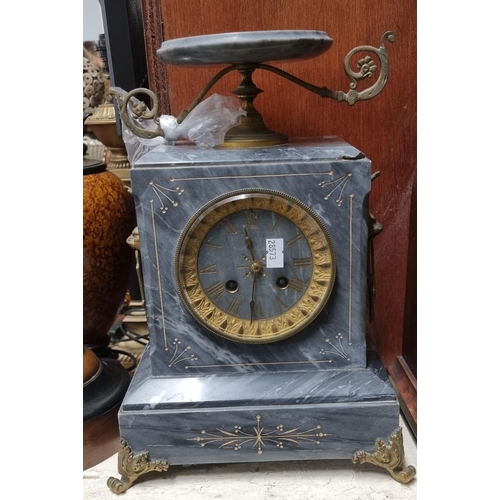 99 - Grey marble two train Empire style mantle clock with two handled urn pediment.   (B.P. 21% + VAT)