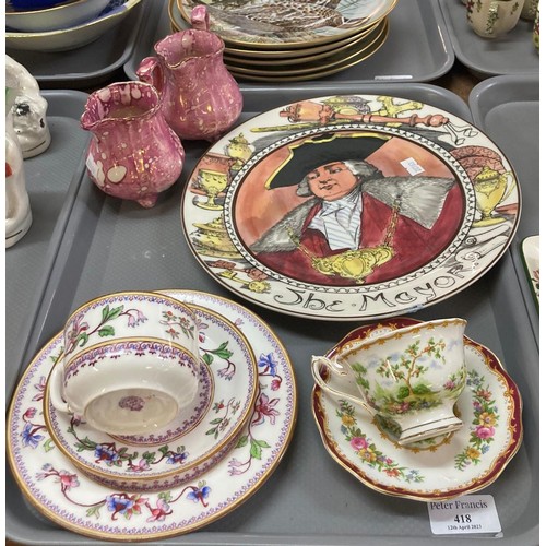 418 - Tray of china, to include: two similar 19th century pink splash lustre jugs, Royal Doulton the Mayor... 