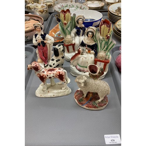 420 - Collection of 19th century Staffordshire pottery Flatback figurines and animals, including: sheep sp... 