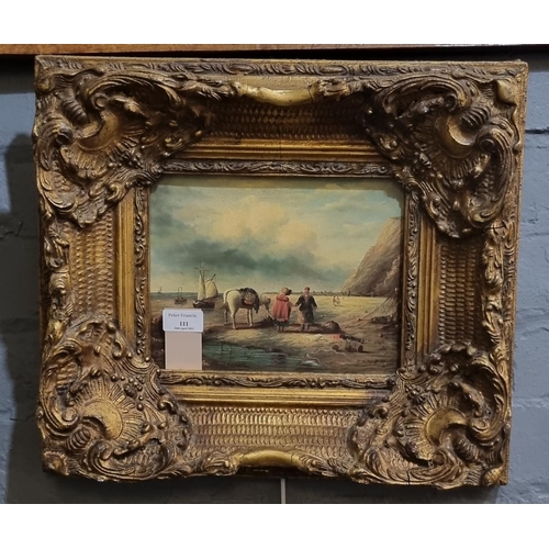 111 - After the Antique, figures on a beach, coloured furnishing print in heavy gilt frame.  19x24cm appro... 