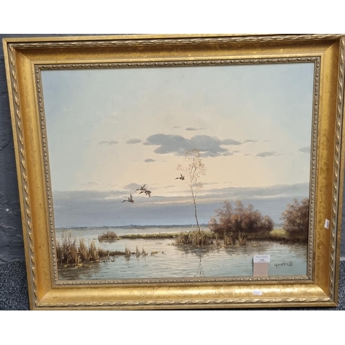 116 - G V D Velde, waterfowl alighting on a lake, signed, oils on canvas. 51x60cm approx.  Framed.  (B.P. ... 