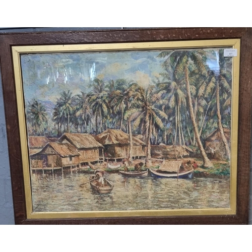 117 - Burmese school, riverside settlement on stilts with figures in boats amongst palm trees, oils on can... 