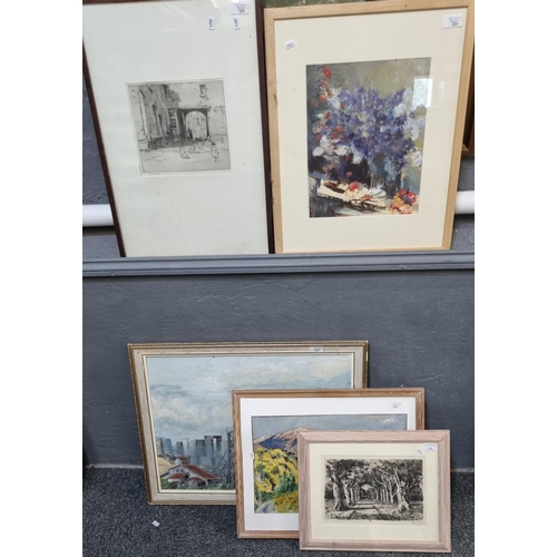 120 - Collection of assorted furnishing pictures including coloured prints, watercolours, etching After Mi... 