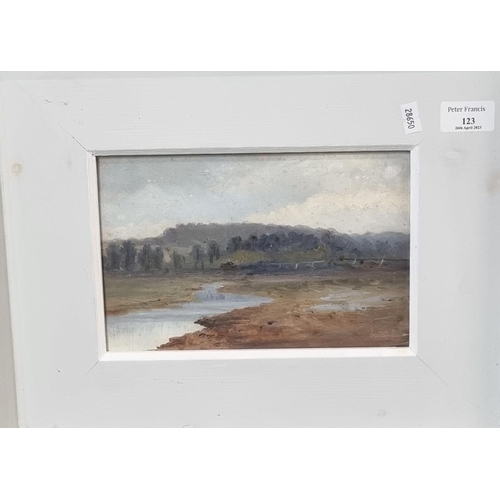 123 - British School (20th century), estuary scene with woodland, oils on panel.  13x24cm approx.  Framed.... 