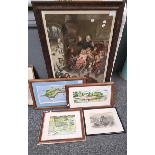 126 - Group of assorted watercolours and furnishing prints, various: coastal studies, ships, large Victori... 