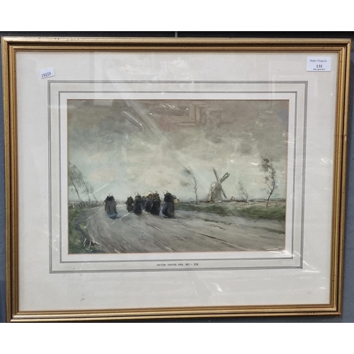 135 - Tatton Winter (RBA, British 1855-1928), a group of women on a windswept byway with windmill, title v... 