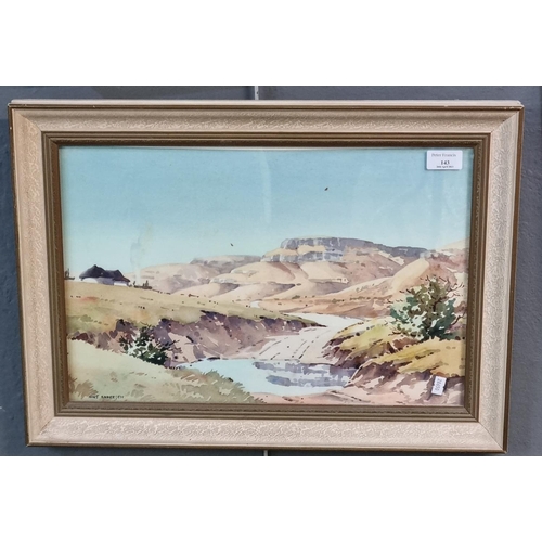 143 - Nils Andersen (South African 20th century), landscape with homestead and crags, signed.  Watercolour... 