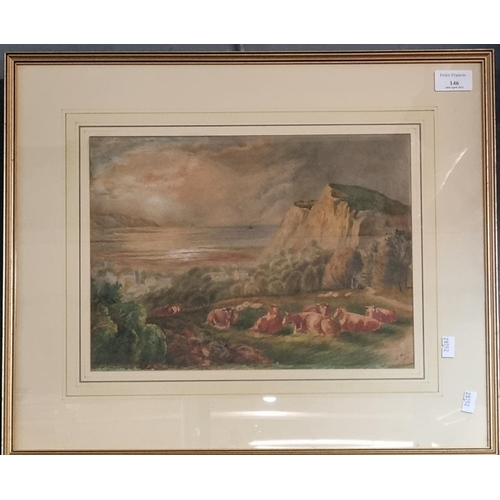 146 - L Haines (20th century British), landscape with cliffs and distant sea, signed.  Watercolours.  26x3... 